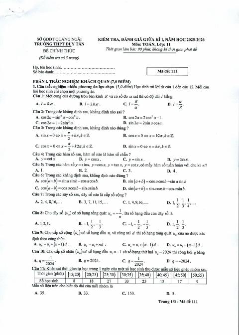 Đề thi Giữa kì 1 Toán 11 năm 2025-2026 trường THPT Duy Tân (Quảng Ngãi)